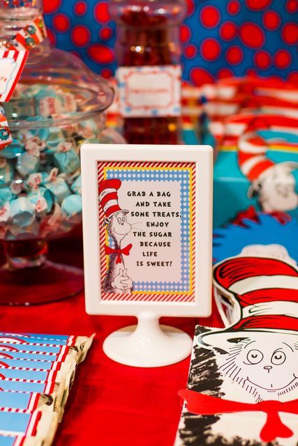 Nicholas is 1 | CatchMyParty.com Cat In The Hat First Birthday Party, Cat In The Hat Birthday Party Food, Cat In The Hat Birthday, Doctor Suess Birthday, Dr Seuss Party Ideas, Hat Birthday Party, Cat In The Hat Party, Dr Seuss Birthday Party, Hat Birthday