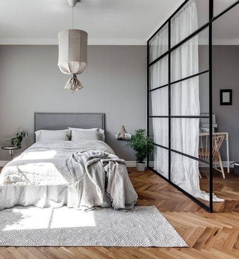 glass partitions that are worth a remodel Loft Windows, Gray Walls, Wooden Floors, Glass Partition, Design Room, Minimalist Bedroom, My New Room, Home Fashion, Home Decor Bedroom