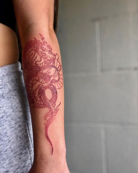 Wrist Tattoos Dragon, Chinses Style Tattoo, Red Dragon Forearm Tattoo, Dragon Dance Tattoo, Mulan Dragon Tattoo, Traditional Chinese Dragon Tattoos, Red Dragon Tattoo For Women, Chinese Dragon Tattoos For Women, Red Chinese Dragon Tattoo