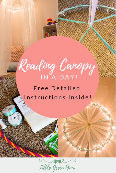 Looking for an easy reading canopy tutorial for your child's room? This reading canopy can be completed in an afternoon and costs less than $30. Simple to make, beautiful to look at, and a calm space for your child. What more could you want? Free detailed instructions inside! Bed Canopy Diy With Lights, Reading Nook Canopy Diy, Diy Round Canopy, Canopy In Living Room, Diy Canopy Reading Nook, Reading Book Canopy, Canopy Kids Bed, Diy Canopy Tent Bedroom, Diy Princess Bed Canopy