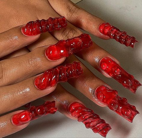 Red Nails 3d Art Designs, Red Gummy Bear Nails, Red Textured Nails, 3d Red Nails, Red Jelly Stiletto Nails, Red Clear Nails, Red 3d Nails, Red Jelly Nails Acrylic, Jelly Acrylics