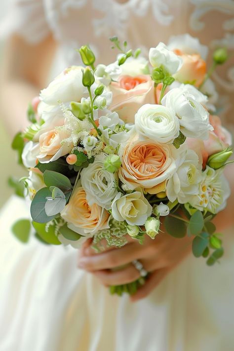 For every theme, explore 90+ stunning summer wedding bouquets. From traditional to modern styles, our list has something for everyone. Click to see the full list and get inspired for your big day! Peach Flower Bouquets, Peach Bouquet Wedding, Peach And White Bouquet, Cream Wedding Bouquet, Peach Wedding Bouquet, Cascading Wedding Bouquets, Vibrant Bouquet, Summer Wedding Bouquets, Hydrangea Colors