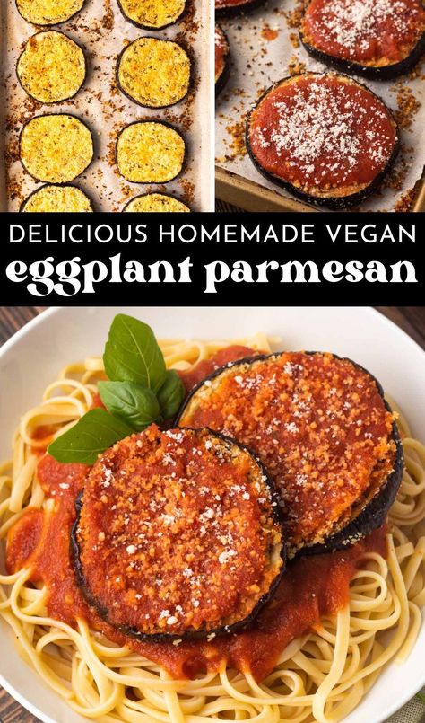 This Eggplant Parmesan is tender on the inside and crispy on the outside, topped with marinara sauce and your cheese of choice. Enjoy this cozy vegan dinner with a serving of pasta. Whether you’re cooking for your family or entertaining guests, this vegan eggplant parmesan recipe is a crowd-pleaser that is sure to satisfy everyone’s taste buds. Eggplant Recipes Vegan, Vegan Sandwich Ideas, Vegetarian Eggplant Recipes, Vegan Eggplant Recipes, Roasted Recipes, Delicious Vegan Meals, Vegan Eggplant Parmesan, Eggplant Parmesan Recipe, Eggplant Parmesan Baked