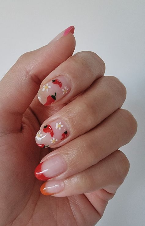 Chilli Nails Design, Chili Nail Art, Red Hot Chili Peppers Nails, Chilli Pepper Nails, Chili Pepper Nails, Pepper Nail Art, Chilli Nails, Chili Nails, Pepper Nails