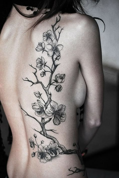 Large Black Tattoo, Tree Tattoo Back, Woman's Back, Tree Tattoo Designs, Flowering Tree, Vine Tattoos, Geniale Tattoos, Blossom Tattoo, Cherry Blossom Tattoo