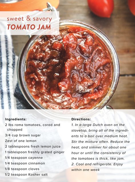 Tomatoe Jam Recipes, Sweet Tomato Jam, Cowboy Tomato Jam, Tomato Jam Recipes, Cherry Tomato Jam, Tomato Jelly, Savory Jam Recipes, Tomato Jam Recipe, Tomato Jam