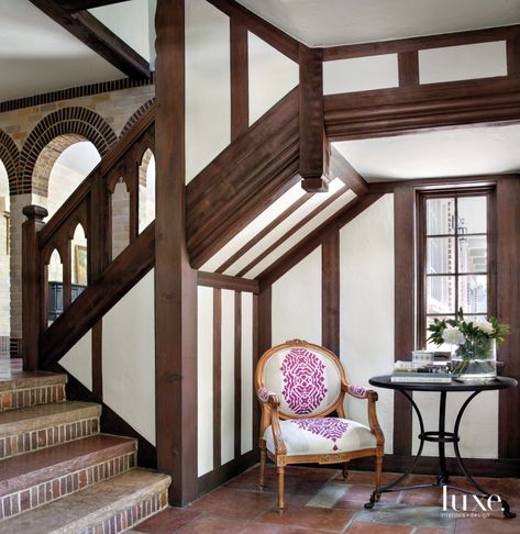 English Tudor Interior, Romanesque Interior Design, Storybook Interior Design, Tutor Interior Design, Tudor Style Fireplace, Tudor Beams Interior, Tudor Library Exterior, Tudor Style Sunroom, Tudor Interior