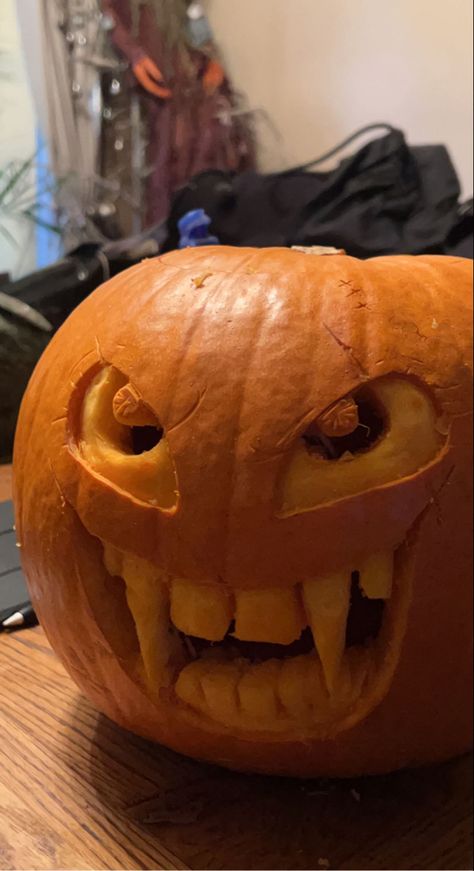 Pumpkin With Pumpkin In Mouth Carving, Pumpkin Teeth Carving, Angry Pumpkin Carving, Insane Pumpkin Carving, Pumpkin Carving Hard, Pumpkins Craving, Marvel Pumpkin Carving Ideas, Tall Pumpkin Carving Ideas, Hard Pumpkin Carving Ideas