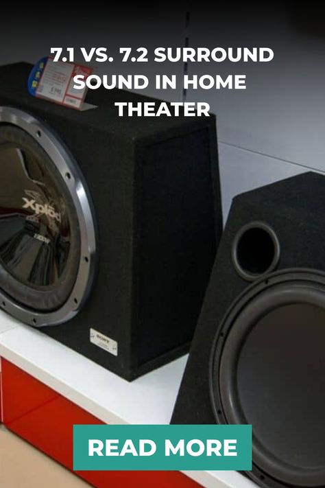 Two black surround sound speakers displayed in a store with text "7.1 vs. 7.2 Surround Sound in Home Theater". In Home Theater, At Home Movie Theater, Room Acoustics, Surround Sound Systems, Blu Ray Player, Dolby Digital, Surround Sound, Sound Effects, Home Entertainment