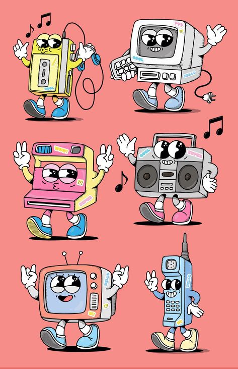 Set of Retro Mascot Characters Clipart Download, Vintage Computer, Doodle Stickers, Vector Graphics, Cool, 90s, Trendy, Groovy Mascot - Etsy Retro Characters Illustrations, Retro Art Illustration, Retro Cartoon Mascot, Retro Cartoon Illustration, Retro Mascot Character, Retro Character Illustration, 50s Cartoon Style, Retro Illustration Graphics, Childhood Stickers