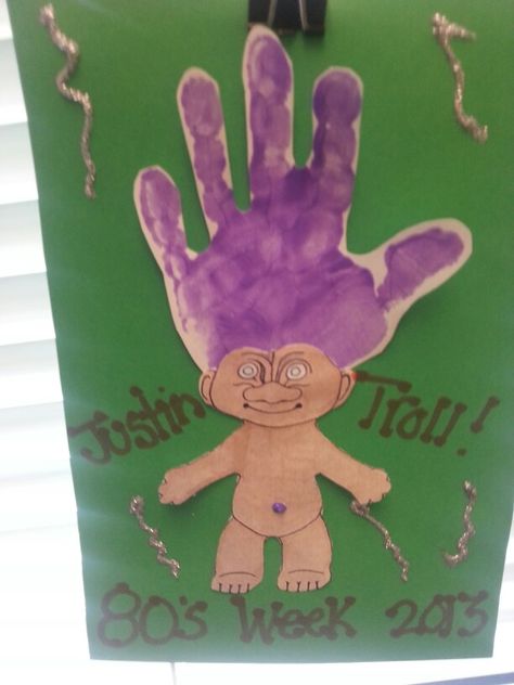 Troll handprint 80s week Handprint Craft, Daycare Crafts, Party Party, Hand Print, School Projects, Novelty Christmas, Education, Christmas Ornaments, Holiday Decor