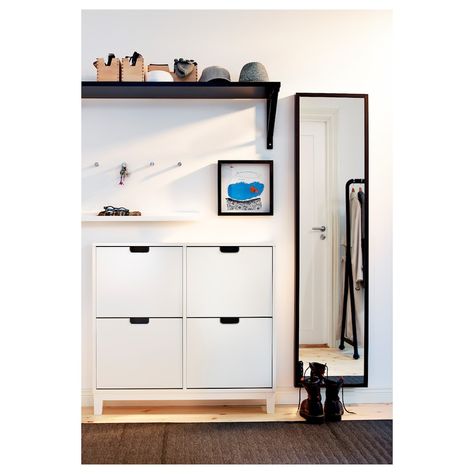 STÄLL Shoe cabinet with 4 compartments - white - IKEA Apartment Entryway Ideas Narrow Hallways, Ikea Small Spaces, Små Rum Lidt Plads, Ikea Shoe Cabinet, Ikea Finds, Apartment Entryway, Storage House, Dekorasi Kamar Tidur, Foyer Decorating