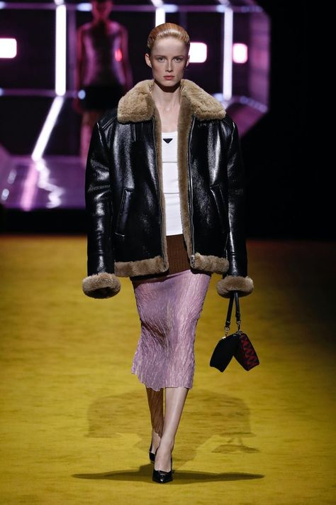 Prada, Fall 2022 RTW Prada Fall 2022, Prada 2022, Prada Ready To Wear, Opera Length Gloves, Leather Jumpsuit, Pink Jacket, Winter 2022, Alberta Ferretti, Fall 2022