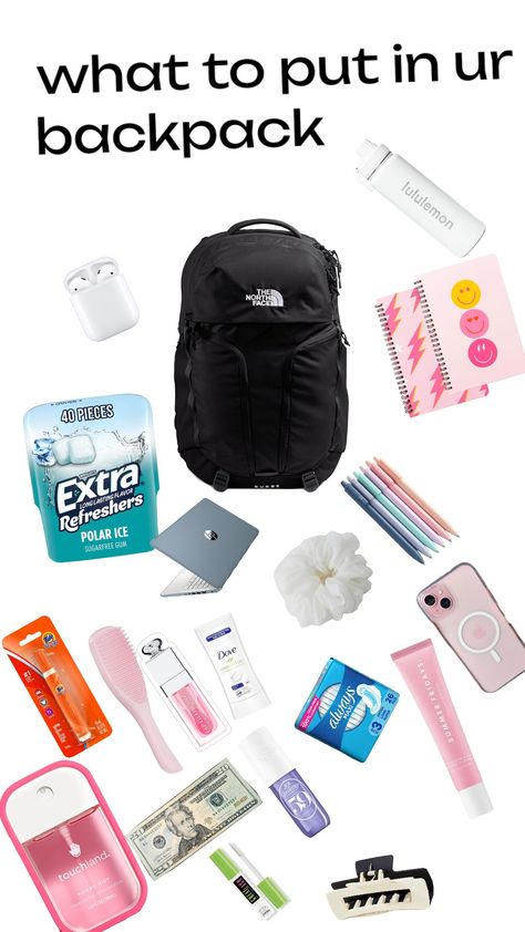 what to put ur school bag What To Bring In School Bag, What To Put In Your Bag For School, What To Carry In Your Backpack School, 8th Grade Dc Trip, School Backpack Essentials, Trip Packing List, High School Backpack, Dc Trip, Trip Packing