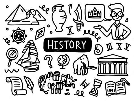 Premium Vector | History doodle line set school university outline subject Cute History Doodles, History Book Cover, History Notebook, Science Symbols, School Doodles, History Wallpaper, History Drawings, History Subject, History Icon