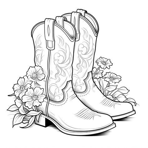 Boots Tattoos For Women, Country Coloring Pages For Adults, Free Western Coloring Pages, Country Easy Drawings, Western Theme Drawings, Cowgirl Boots Tattoo Ideas, Lane Frost Tattoo, Western Coloring Pages Free Printables, Lainey Wilson Tattoo