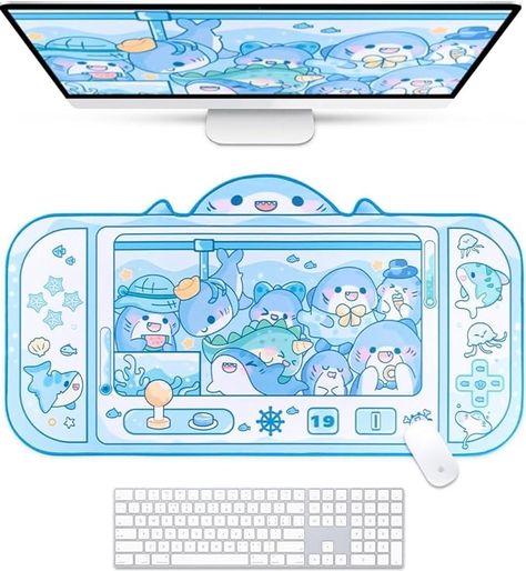 Amazon.com : BelugaDesign Shark Desk Pad | Kawaii Cute Anime Keyboard Desktop PC Laptop Gaming Writing Pad | Aquarium Switch Ocean Large Mousepad Mat Non-Slip | Machine Washable Pastel Blue White Blotter Protector : Office Products Anime Keyboard, Adorable Shark, Ocean Aquarium, Keyboard Gaming, Blue Desk, Island Theme, Cute Shark, Shark Party, Cute Desk