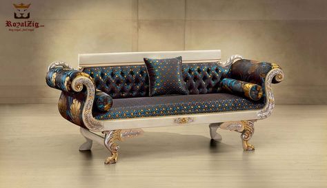 Royal Maharaja Style 3 Seater Sofa Design. Made From Grade 1 Teak Wood Sturdy And Durable. 100% Hand Carved, Royal Carving Design Sofa. Silver, Golden And Off White Color With Italian PU Finish. Beautiful Hot Blue Fabric Upholstered Sofa. Tufted Backrest With Straight Crown. #maharajasofa #maharajastylesofadesign #maharajasofaset #teakwoodsofa #handcarvedsofa #royalsofa Maharaja Sofa Design, Royal Sofa Design, 3 Seater Sofa Design, Sofa Design Luxury, Classic Sofa Designs, Italian Sofa Designs, Royal Sofa, Carved Sofa, Sofa Design Wood