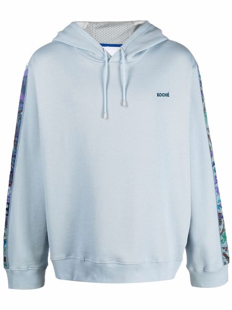 Light blue cotton embroidered-logo cotton hoodie from Koché featuring jersey fleece, embroidered logo, side stripe detailing, long sleeves, buttoned cuffs, drawstring hood and straight hem. When buying this unisex item, keep in mind that it is graded in standard men's sizing.. Designer Hoodies, Hoodies For Women, Palm Angels, Cotton Hoodie, Side Stripe, Curator Style, Keep In Mind, Mens Sweatshirts, Long Sleeve Tops