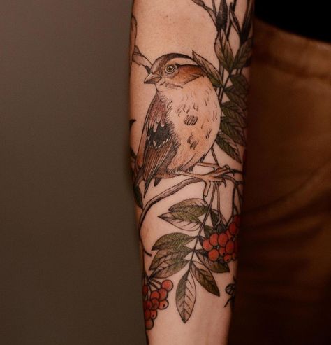 Dzo Lama, Holly Tattoo, Poland Tattoo, Bird Tattoo Sleeves, Colorful Tattoos, Sparrow Tattoo, Tattoo Sleeves, Mountain Ash, Beautiful Tattoo