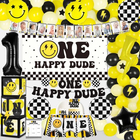 PRICES MAY VARY. One Happy Dude Birthday Decorations: Adorable lightning bolt smiley face party banners feature One Happy Dude themed motifs such as lightning bolts, smiley faces, black and white chevron logos, and stars in bright yellow, black, and white colors that are adorable and classic; they'll be even more eye-catching for decorating your cool kid's first birthday party, and it's sure to be the most adorable decoration for your little one's birthday day All in One 1st Birthday Party: You One Year Party Theme, First Birthdays Themes, One Cool Dude First Birthday Party, One Happy Dude First Birthday, Dude Birthday Party, 1st Birthday Boy Themes, First Birthday Balloons, Outdoors Birthday Party, Baby Boy First Birthday