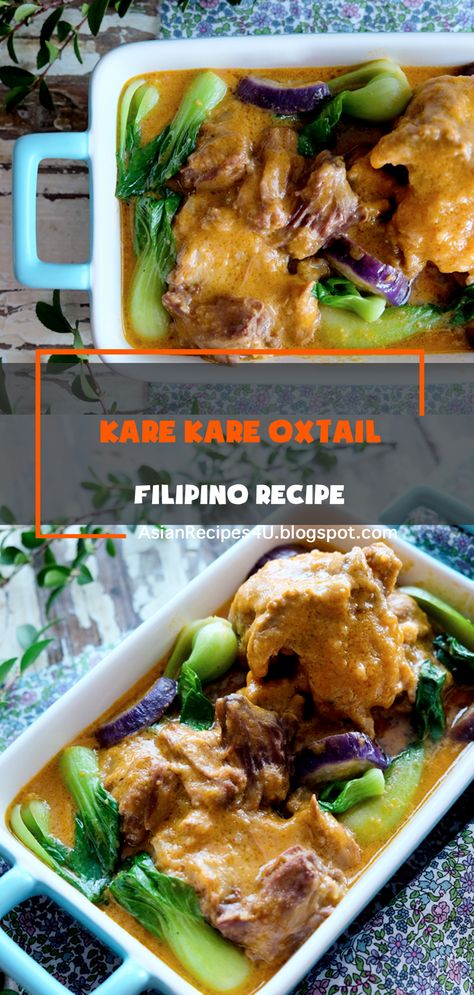 The classic Kare-Kare from the Philippines is a type of stew made with oxtail and simmered in a rich annatto-and-peanut gravy. Oftentimes, you can also find Kare-Kare made with pork hocks, beef shanks, or even regular beef stew meat, but the oxtail version is the most popular, especially during parties and fiestas (Filipino community feasts). #Filipino #Recipes #Kare #Oxtail Kare Kare Recipe Philippines Oxtail Stew, Oxtail Kare Kare Recipe, Kate Kare Recipe, Filipino Oxtail Recipes, Kare Kare Recipe Philippines, Beef Kaldereta Recipe, Kaldereta Recipe, Kare Kare Recipe, Tripe Recipes