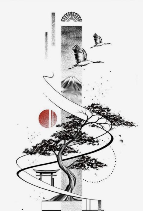 Japanese Temple Tattoo, Bonsai Tattoo, Tatuaje Studio Ghibli, Tattoo Main, Bonsai Tree Tattoos, Temple Tattoo, Framed Tattoo, Samurai Tattoo Design, Japanese Tree