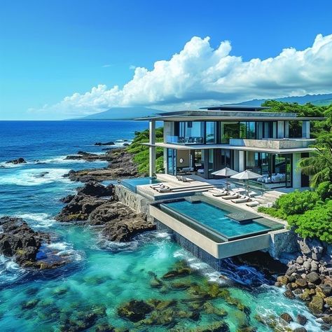 Beach House Pool Ocean Views, Hawaii Mansion, Luxurious Mansions, Blue Beach House, Houses By The Beach, Property Business, Home With Pool, Japanese Style House, Beachfront House