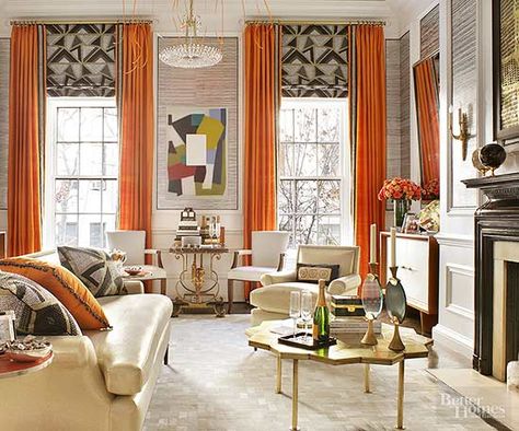 Correct way to hang curtains including measurements Short Window Treatments, Playroom Diy, Burnt Orange Living Room, Art Deco Colors, Arte Art Deco, Orange Curtains, Art Deco Interior Design, Living Room Orange, Custom Made Curtains