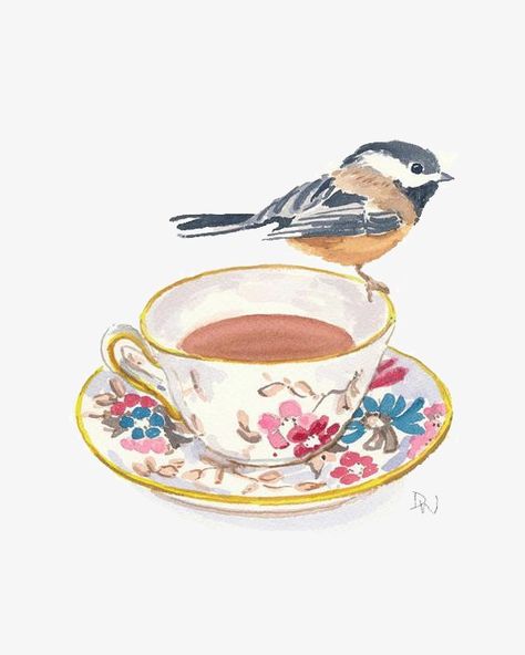 Tee Illustration, Cup Art, Tea Art, Watercolor Inspiration, Bird Illustration, Watercolor Bird, Bird Art, Watercolour Painting, Tea Cup