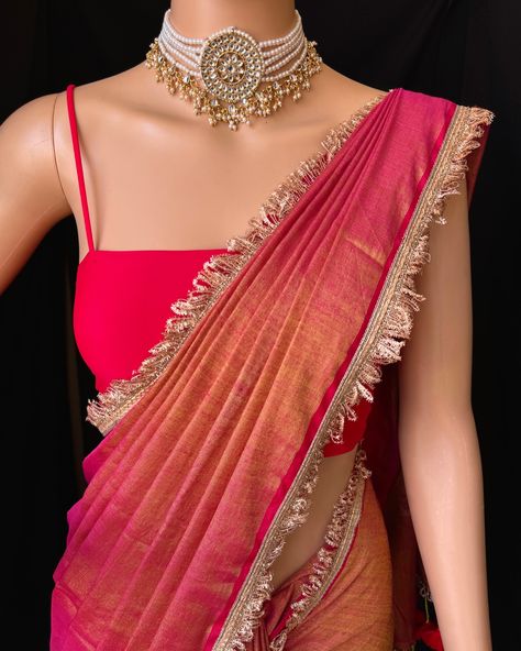 Pink gold tissue saree with contrast golden lace all over sarees. Comes with beautiful red thread tassels on pallu. Blouse: running blouse 80cm. To find this product in website: Www.thejacouture.in > Tissue sarees> pink Gold tissue saree. Jewellery collaboration: @anvi__jewellery #mettalictissuesaree #tissuesaree #trendingsaree #tissuelacesaree #traditional #pinktissuesaree Blouse With Red Saree, Gold Tissue Saree, Tissue Sarees, Golden Blouse, Thread Tassels, Saree Jewellery, Lace Saree, Golden Lace, Mens Kurta Designs