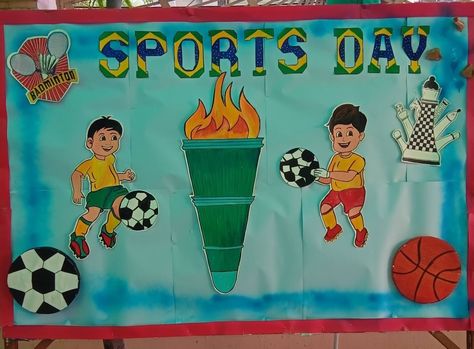 Sports Day Board Decoration, Sports Bulletin Boards, Sports Day Decoration, Sports Day Poster, Kids Playing Sports, Board Decoration Ideas, Earth Day Drawing, Sports Theme Classroom, Classroom Diy