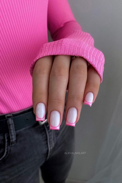 Check out these cute and fun designs for french tip nails that you'll absolutely love and need to try! White Nails With French Tip Color, Double Tip French Manicure, Pink Double French Nails, French Tip With Pink Base, Bright Pink French Tip Nails, French Nails Oval, Double French Tip Nails, Nails Bright Pink, Double French Nails