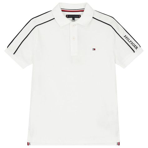 Short-sleeve white polo shirt with black piping and a small Tommy Hilfiger chest logo. Tommy Hilfiger Kids, Shirt For Boys, White Polo Shirt, Designer Kids, Flag Logo, White Polo, Designer Kids Clothes, Kids Branding, Black Trim