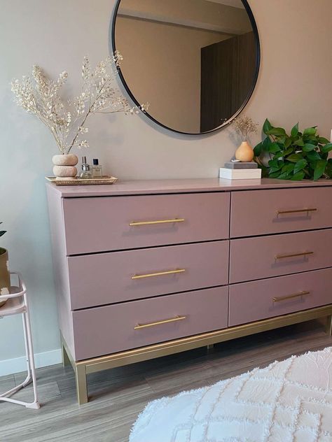 Pink Dresser Gold Hardware, Upgrading Ikea Dresser, Gold And Pink Dresser, White And Rose Gold Dresser, Refurbished Dresser For Nursery, Pink Dresser Decor, White And Gold Dresser Diy, Gold Hardware Dresser, Refurbished Ikea Dresser