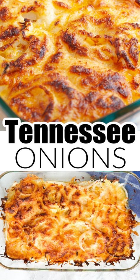 This Tennessee onions recipe is so simple but tastes amazing!!! This side dish recipe is one that everyone will want again and again. Onions, seasonings, and cheese and layered in a baking sheet and baked to golden brown perfection. Few Ingredient Side Dishes, Baked Onion Recipes, What To Do With Onions, Tator Tots Recipes Side Dishes, Texas Onions, Tennessee Onions Recipe, Supper Side Dishes, Cheesy Onions, Peppers And Onions Recipes