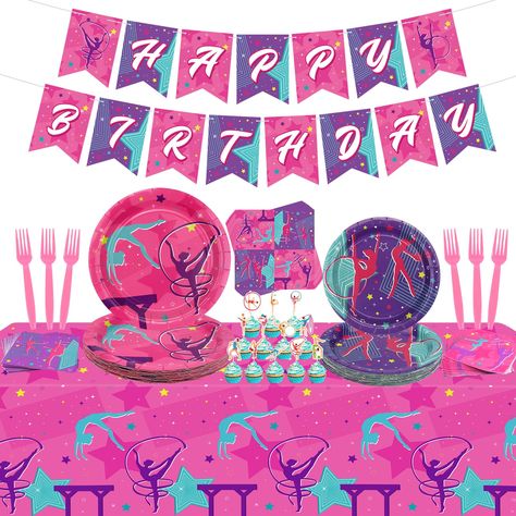 PRICES MAY VARY. Gymnastics Birthday Party Decorations: Planning a fun and lively gymnastics-themed party, which includes a happy birthday banner, gymnastics cake topper, tableware, tablecloth. She will be surprised and impressed with your unique party. Material: The gymnastics banner, tableware, and cupcake toppers are made of quality paper. You can trust that they are safe and reliable for your party's needs. Eye-catching Design: The gymnastics-themed decorations feature classic patterns and v Gymnastics Birthday Party Decorations, Gymnastics Theme Party, Cheerleading Birthday, 20 Balloons, Gymnastics Cake, Gymnastics Cakes, Gymnastics Birthday Party, Gymnast Birthday Party, Gymnastics Birthday