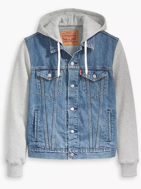 Hybrid Hooded Trucker Jacket - Medium Wash | Levi's® US Fits For Guys, Sweatshirt Style, Classic Sweatshirt, Levis Jacket, Pull & Bear, Trucker Jacket, Parka Jacket, Line Jackets, Metal Buttons