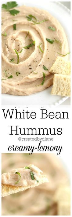 white bean hummus recipe lemony creamy @createdbydiane Lemon Garlic Hummus, White Bean Hummus Recipe, White Bean Hummus, Bean Hummus, Homemade Dips, Garlic Hummus, Hummus Recipe, White Bean, White Beans