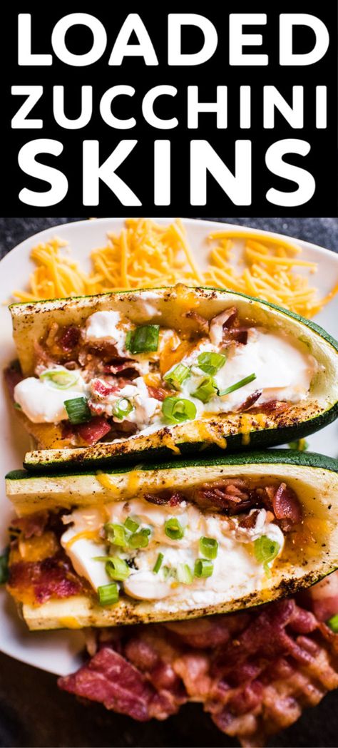 Loaded Zucchini Skins take everything you love about the classic potato skin appetizer up a notch. Topped with the standard add-ons - crisp bacon, melted cheese, sour cream, and green onions - you won't miss the potato! Nsng Meals, Zucchini Skins, Loaded Zucchini, Potato Skins Appetizer, Persnickety Plates, Low Carb Appetizer, Fresh Vegetable Recipes, 200 Calorie, Potato Skin