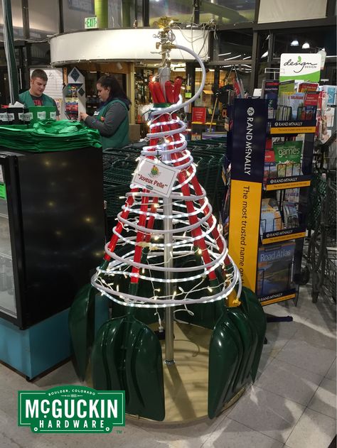 This joyful tree is made from shovels, hose, and a blingy sprinkler head!  www.mcguckin.com Hardware Store Christmas Display, Wooden Pallet Christmas Tree, Ladder Christmas Tree, Homemade Fabric Softener, Textile Art Dolls, Pallet Christmas Tree, Holiday Trees, Pallet Christmas, Cat Store