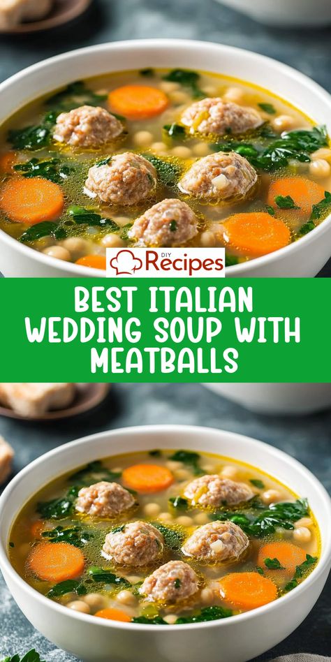 Discover the best Italian wedding soup recipe! Loaded with tender meatballs, veggies, and pasta, it’s a hearty and delicious meal. Wedding Italian Soup, Soup Meatball, Italian Wedding Soup Meatballs, Wedding Soup Italian, Soup With Meatballs, Wedding Soup Recipe, Italian Wedding Soup Recipe, Meatball Soup Recipes, Italian Meatballs Recipe