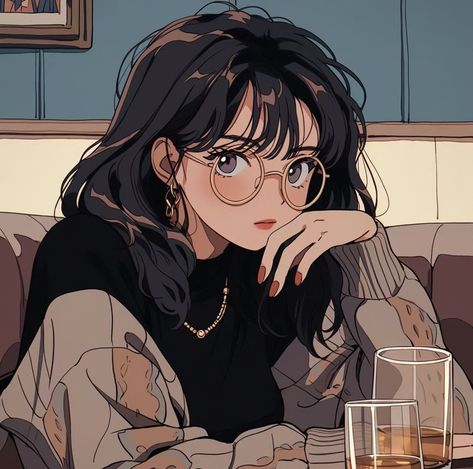 Latina Pfp Cartoon With Glasses, Anime Girlies Glasses, Long Hair With Bangs Drawing, Anime Glasses Female, Girl With Glasses Art, Steam Pfp, Anime Bangs, Brown Hair And Hazel Eyes, Pretty Pfp