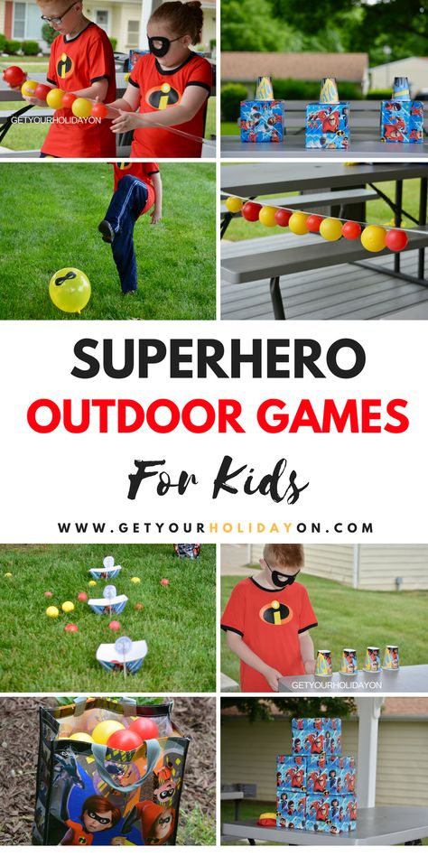 9 of the best Superhero outdoor games I've seen! #momlife #disney #birthday #party Disney Party Games, Super Hero Activities, Superhero Party Games, Incredibles Birthday Party, Super Hero Games, Marvel Birthday Party, Superhero Crafts, Outdoors Birthday Party, Avenger Birthday Party