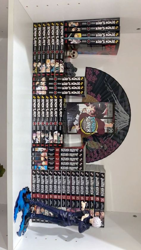 Demon Slayer Bookshelf, Jujutsu Kaisen Manga Collection, Manga Shelves Ideas, Jjk Manga Collection, Demon Slayer Manga Shelf, Manga Shelving Ideas, Demon Slayer Manga Collection, Manga Organization Ideas, Manga Set Up