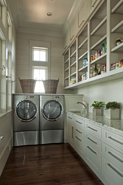 Laundry room plus pantry. Combining a pantry with the laundry room means you'll have one walk-in space instead of two regular closet-size spaces. Cottage Laundry Room, Laundry Room Pantry, Laundry Pantry, Traditional Laundry Room, Grey Laundry Rooms, Laundry Room/mud Room, Pantry Laundry Room, Pantry Laundry, Pantry Room