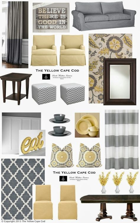 Yellow and Grey Living Room/Kitchen http://www.theyellowcapecod.com Gray Living Room, Yellow Living Room, Living Room Color Schemes, Room Color Schemes, Design Board, Living Room Grey, New Living Room, Front Room, Room Colors