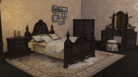 Venetian Bedroom, Sims 4 Victorian, Alt Room, Mirror Wallpaper, Dressing Table Chair, Dark Academia Room, Sims 4 Beds, Academia Room, Furniture Cc