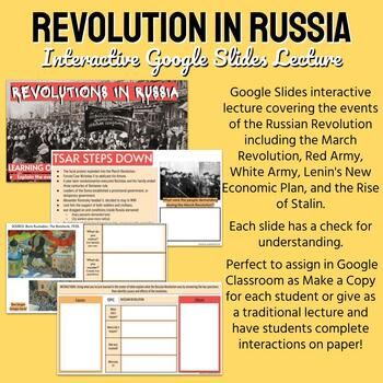 Google Slides interactive lecture covering the events of the Russian Revolution including the March Revolution, Red Army, White Army, Lenin's New Economic Plan, and the Rise of Stalin. Each slide has a check for understanding. Perfect to assign in Google Classroom as Make a Copy for each student or give as a traditional lecture and have students complete interactions on paper! Russian Revolution Notes, Teacher Gift Card, High School History, Russian Revolution, Doodle Notes, History Classroom, Guided Notes, School Grades, Sketch Notes