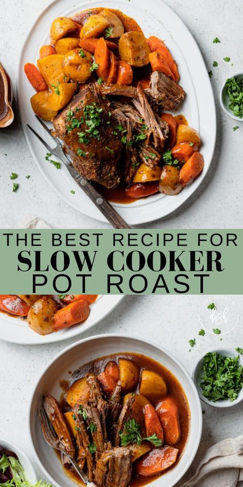 THIS IS A CLASSIC, NOSTALGIC, PERFECTLY TENDER EVERYDAY SLOW COOKER POT ROAST! IT FEELS SPECIAL ENOUGH FOR SUNDAY DINNER BUT IT’S SO EASY YOU CAN MAKE IT ON A WEEKNIGHT. Crockpot Pot Roast, Cozy Recipes, Roasted Potatoes And Carrots, Slow Cooker Pot Roast, Pot Roast Crock Pot Recipes, Classic Pot Roast, Cooking Prime Rib, Best Pot Roast, Fast Meals